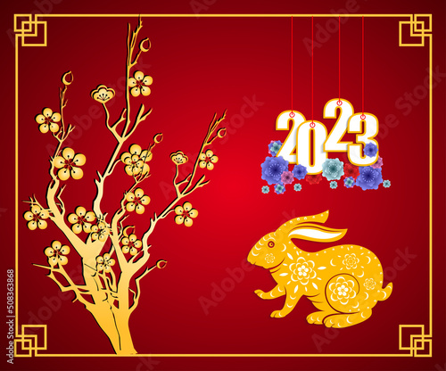 Happy new year 2023, Chinese new year, Year of the Rabbit, Zodiac sign for greetings card, (Translation : Happy new year)