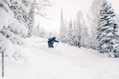 Skier riding on deep puffy drifts of fresh snow in winter forest