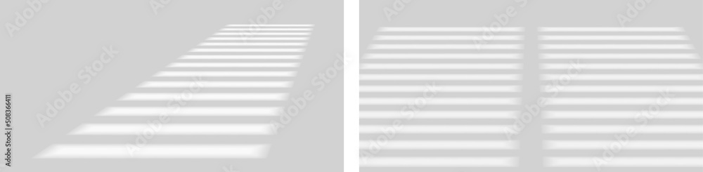 Obraz premium Set of shadow soft overlay effects transparent on empty wall. Mock-ups of Soft light, shadow from window and jalouse. Window drop shadow on wall. Scenes of natural lighting. Photorealistic reflection