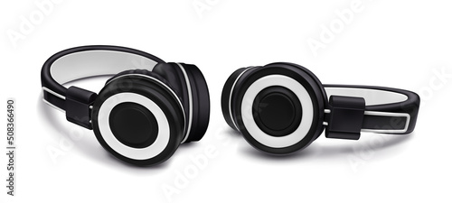 Headphones for listen music, dj audio headset isolated on white background. Vector realistic set of 3d black stereo earphones, accessory with sound speakers in side and angle view