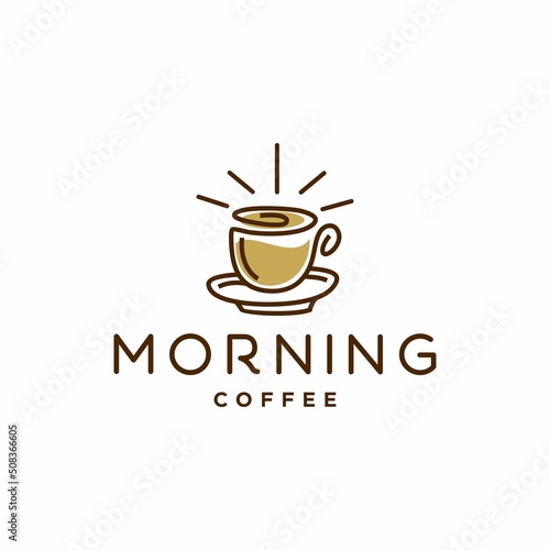 morning coffee cafe logo. coffee sunrise sunset tea morning line outline logo with mug and cup also sun hipster logo icon design for cafe , restaurant cafetaria illustration