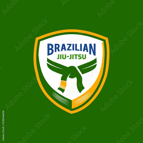 Brazilian jiu jitsu badge emblem belt logo icon vector illustration design, symbol. Mixed Martial arts academy or school of Jiu-Jitsu with brazil themed colors photo