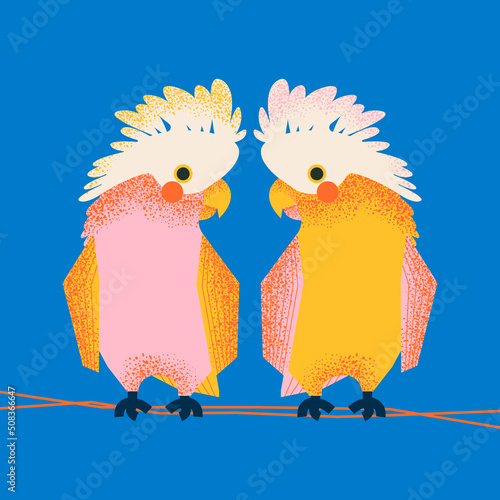 Stylish illustration, print, card with pink parrots. Vector design