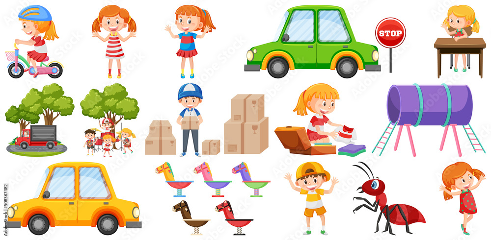 Set of cute kids and objects Set of cute kids and objects