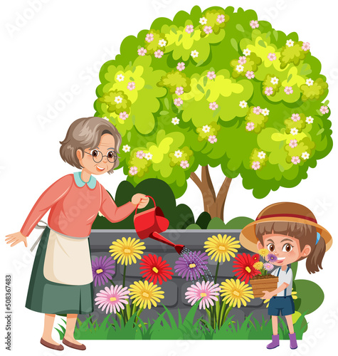 A girl and grandmother gardening