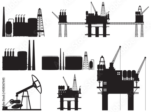 Set of silhouettes of oil industry objects
