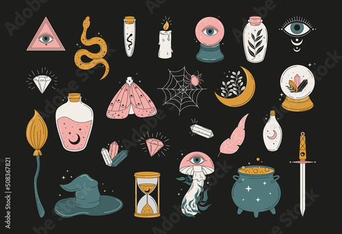 Set of mystical elements for design . Doodle halloween elements, witchcraft, magic spiders, snake, eye and knife. Halloween esoteric, alchemy boho vector. Mystical spooky stickers	
