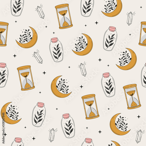 Magical seamless pattern with hourglass, bottle, moon, crystal and stars. Mystical esoteric background for fabric design, packaging, astrology, divination, phone case, wrapping paper. Vector