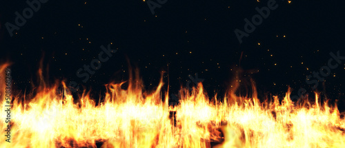 Fire flames and sparks background. Fire flames isolated on black background. 