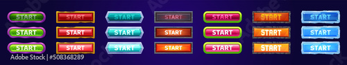 Start buttons with different textures for game menu interface. Vector cartoon set of active, normal and hover buttons with frame from rusty iron, ice, jelly with bubbles, metal and stone bricks