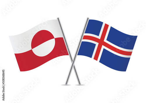 Greenland and Iceland crossed flags. Greenlandic and Icelandic flags on white background. Vector icon set. Vector illustration. 