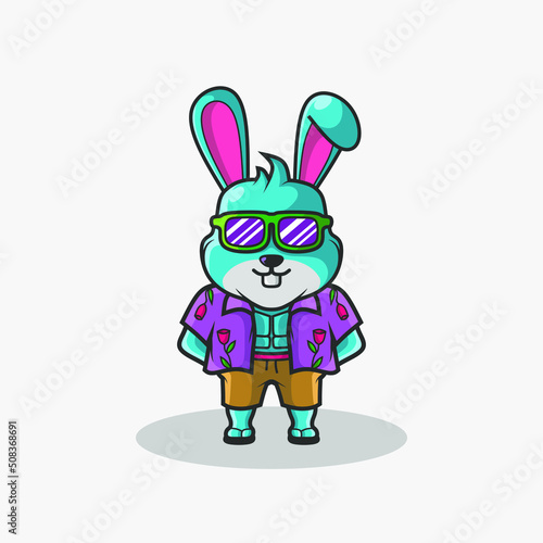 Cute rabbit on beach character illustration. Simple animal vector design. 