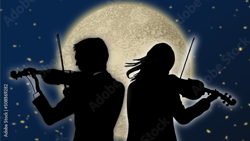 Silhouette of a pair of violinists playing the violin in front of  the big moon and dark blue starry sky, vector illustration