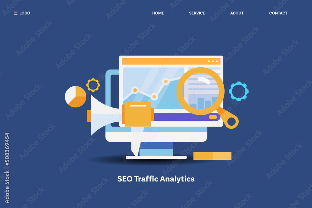 Increase website visitors with SEO analytics software, web traffic monitoring, data report on screen, displaying information conceptual web banner template. - obrazy, fototapety, plakaty 