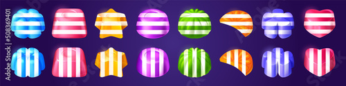 Game icons of striped hard sugar candies different shapes. Vector cartoon set of sweet food symbols of fruit drops and bonbon with white stripes for casino slot machine