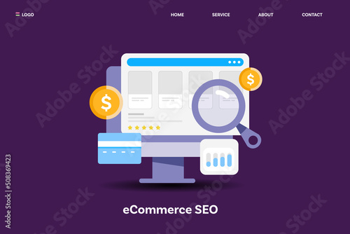 Ecommerce website SEO, getting traffic from search engine, online store ranking development. increase cart sales conceptual web banner template.