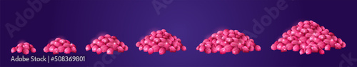 Heaps of precious ruby stones. Vector cartoon set of shiny cut pink crystals in piles differnt size. Game icons of luxury trophy, wealth, pirate treasure isolated on background