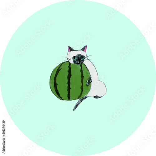 すいかにもたれかかってひんやり感を感じるシャム猫のイラスト【ベクター】【単体イラスト】