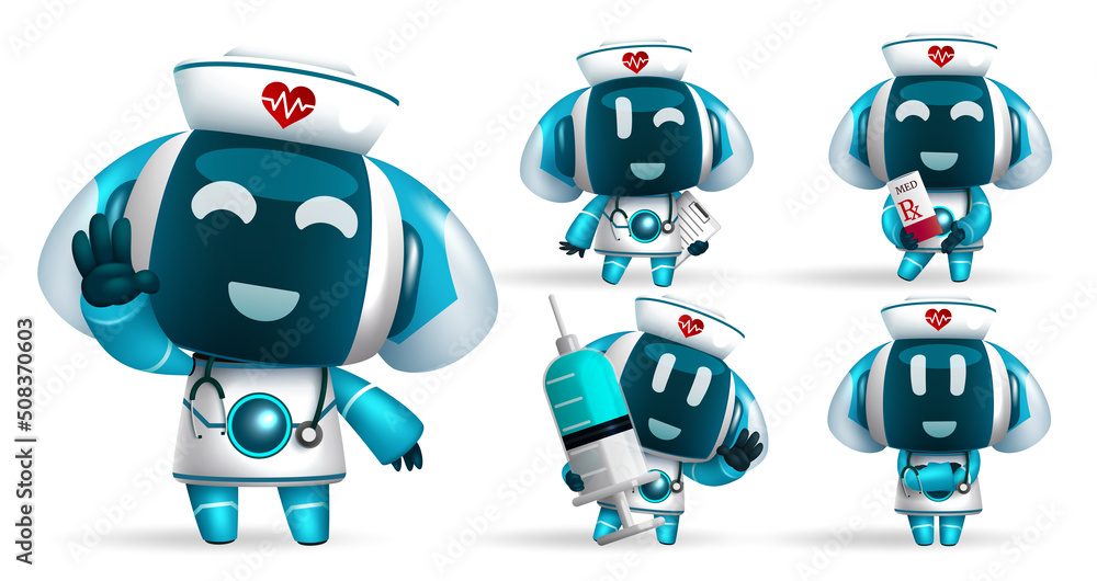 Robotic ai nurse vector set design. Robots animal characters in friendly faces and gesture for medic assistant robot collection. Vector illustration.
Robotic ai nurse vector set design. Robots animal characters in friendly faces and gesture for medic assistant robot collection. Vector illustration.