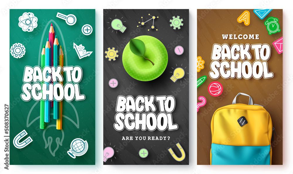 Back to school vector poster set. Back to school text with learning ...