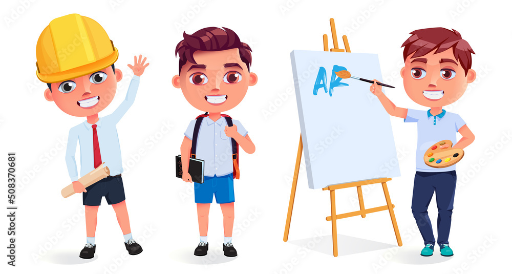 Boy students vector character set design. Boys character in artist, engineer and student uniform with friendly and happy expression for male kid character collection. Vector illustration.
Boy students vector character set design. Boys character in artist, engineer and student uniform with friendly and happy expression for male kid character collection. Vector illustration.