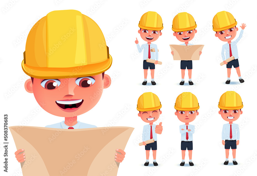 Boy students vector character set. Boys engineers character with hard hat and blueprint layout isolated in white background for male kid character collection. Vector illustration.
Boy students vector character set. Boys engineers character with hard hat and blueprint layout isolated in white background for male kid character collection. Vector illustration.