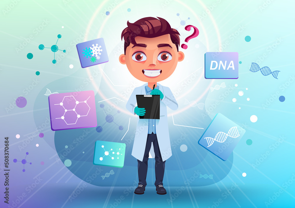 Kid scientist vector character design. Boy character in lab coat holding checklist with science knowledge icons for laboratory experiment design collection. Vector illustration.
