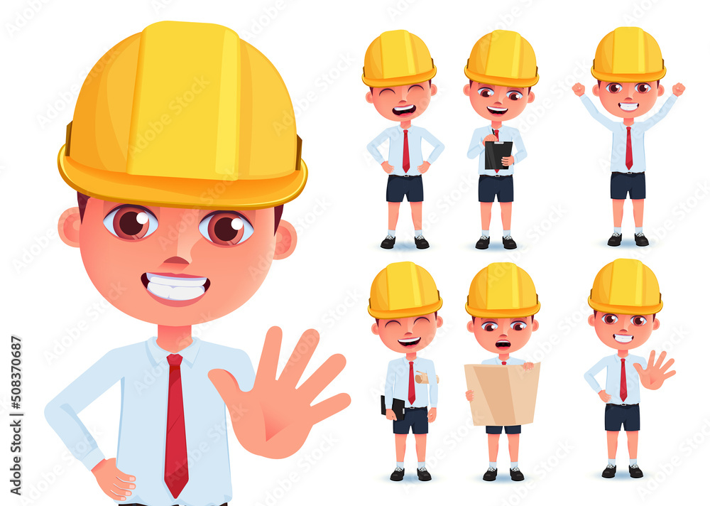 Boy students vector character set. Kid engineers character in happy, friendly and jolly facial expression with hard hat for male profession collection. Vector illustration.
Boy students vector character set. Kid engineers character in happy, friendly and jolly facial expression with hard hat for male profession collection. Vector illustration.