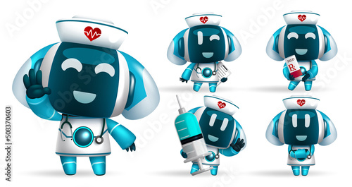 Robotic ai nurse vector set design. Robots animal characters in friendly faces and gesture for medic assistant robot collection. Vector illustration.
