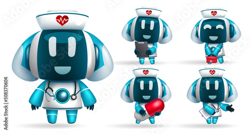 Robot nurse characters vector set. Robotic animal characters in friendly faces and uniform isolated in white background for ai collection design. Vector illustration.
