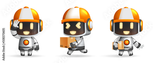 Robotic character vector set design. Robot characters with helmet and boxes in standing and holding gestures for ai delivery robots collection. Vector illustration.

