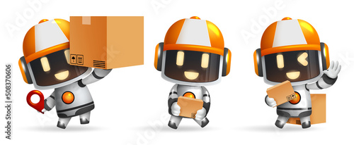 Robot characters vector set. Robotic delivery assistant characters with boxes and pin icon elements for ai friendly faces collection design. Vector illustration.
