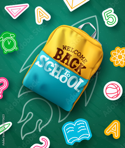 Back to school vector concept design. Back to school text in backpack element with paper cut and chalkboard background decoration for educational learning study. Vector illustration.
