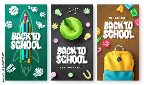 Back to school vector poster set. Back to school text with learning icons and bag elements in colorful decoration for educational study design collection. Vector illustration.
