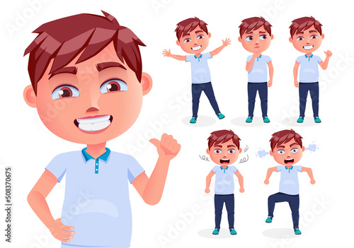 Boy kid vector character set design. Male school characters with standing, smiling and shouting gesture and facial expression for friendly back to school kids design. Vector illustration.

