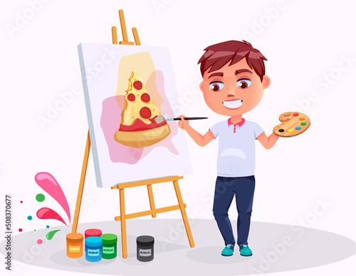 Boy artist vector character design. Male kid painting in easel and canvas with colorful paints element for artistic school activity. Vector illustration.

