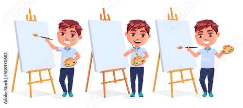 Boy artist vector character set design. Creative male characters painting with easel, canvas and palette elements for artistic school kids activity. Vector illustration.
