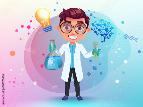 Student scientist  vector character. Boy character with beaker and science logo icons in lab coat and eyeglasses for smart kid laboratory experiment. Vector illustration.
