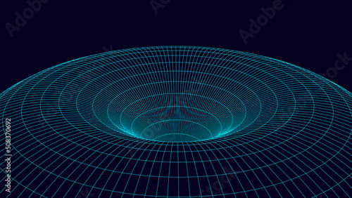 Futuristic abstract frame wormhole. 3D portal hole grid background. For website and banner design. Big data visualization. Vector illustration.