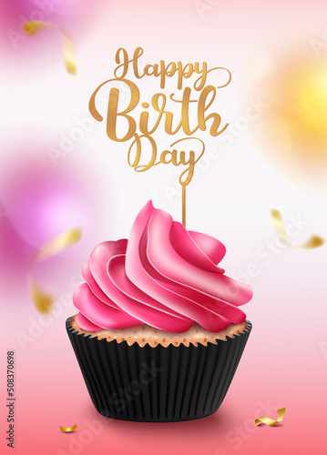Birthday cupcake vector concept design. Happy birthday text in cake topper decoration with pink icing and gold confetti elements for birth day greeting. Vector illustration.
