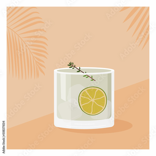 Gin Tonic Cocktail garnished with slice of lime and green herb sprig. Summer aperitif square poster. Minimalist print with alcoholic beverage on background with palm shadow. Vector flat illustration.
