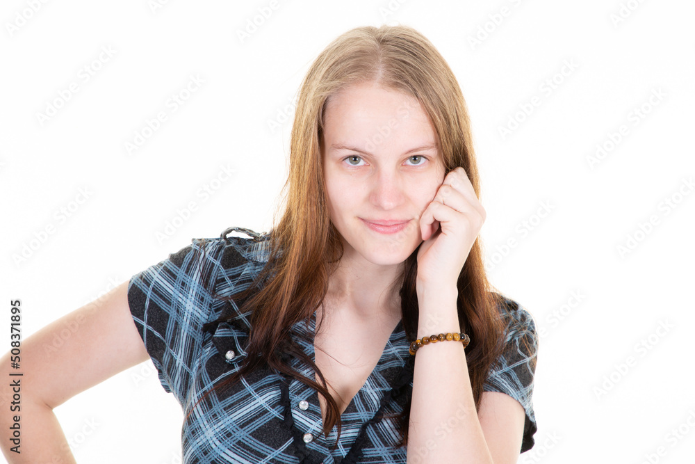 young cheerful caucasian woman one hand on face cheeks standing white wall in concept of being confident beauty girl young cheerful caucasian woman one hand on face cheeks standing white wall in concept of being confident beauty girl