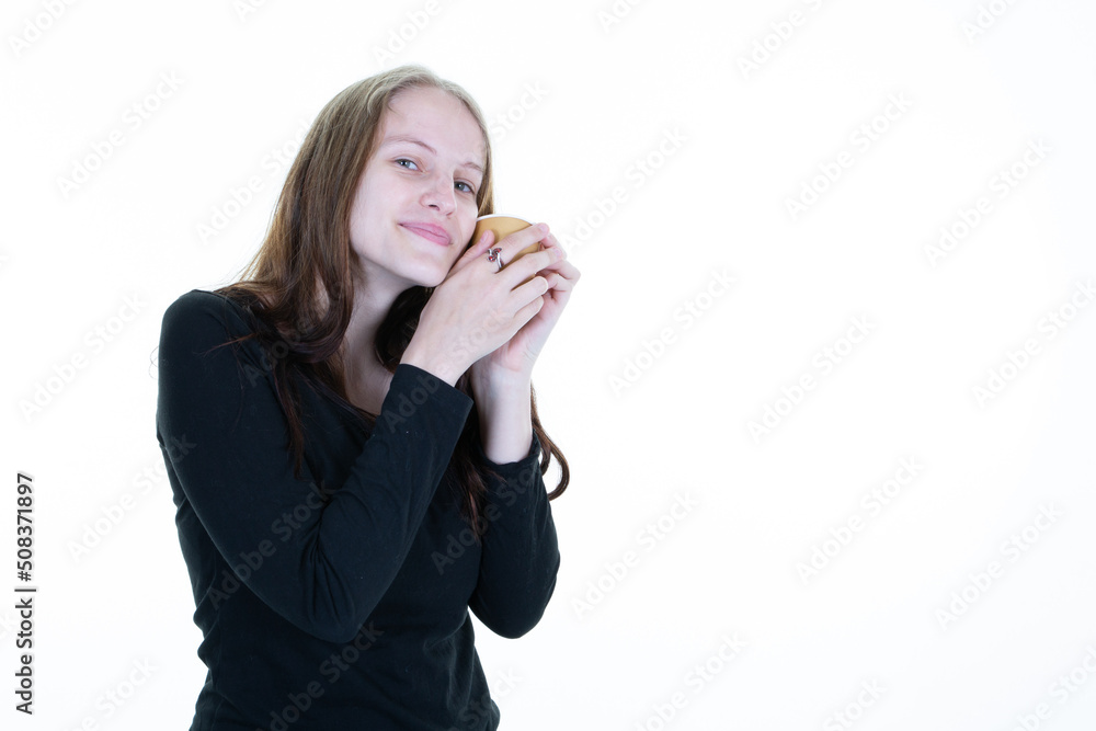 portrait of attractive blonde caucasian smiling woman isolated on white studio shot holding drinking brown cup portrait of attractive blonde caucasian smiling woman isolated on white studio shot holding drinking brown cup