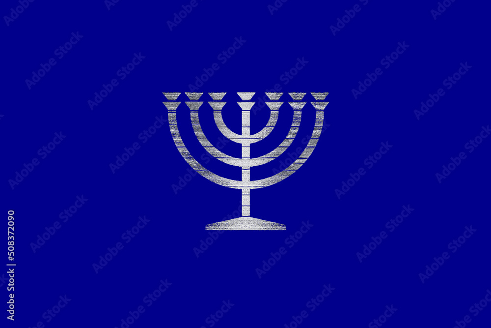 Silver Hebrew menorah jewish sacred symbol on a canvas colored in blue national background, jewish candlestick, sacral eternal flame, israel Silver Hebrew menorah jewish sacred symbol on a canvas colored in blue national background, jewish candlestick, sacral eternal flame, israel