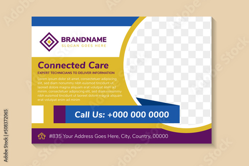 gold flyer template design with example headline is connected care. circle for space of photo collage. Advertising banner with horizontal layout. white background with blue and purple element.
