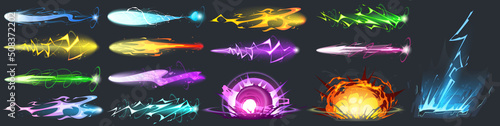 Vfx gun effect, space blasters laser or plasmic beams and rays, bomb explosion. Raygun futuristic alien weapon boom. Game or comic book colorful energy phasers lightnings, Cartoon vector illustration