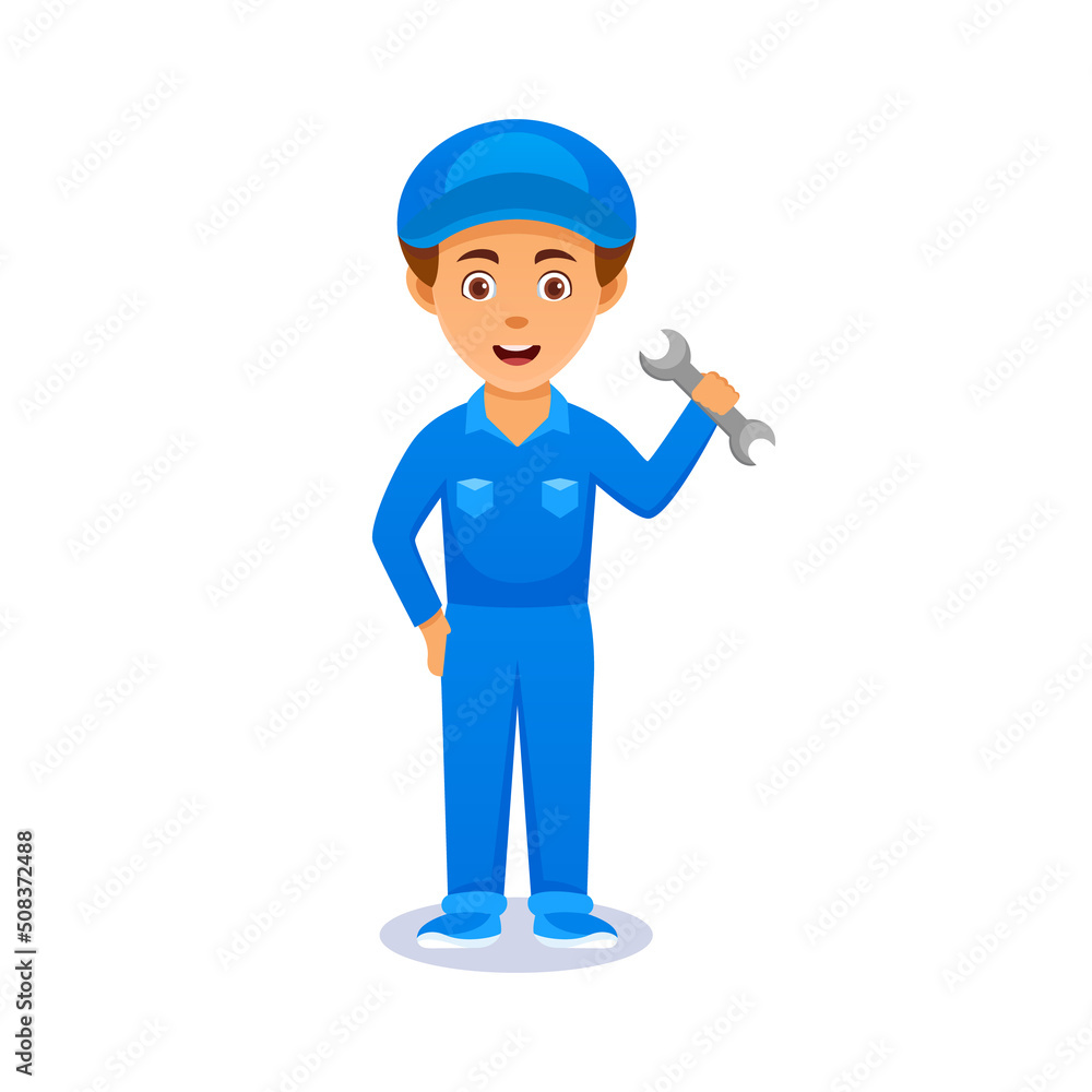 cartoon man with hat . Friendly handsome man in mechanic uniform, holding wrench or gesturing. Isolated on white. cartoon man with hat . Friendly handsome man in mechanic uniform, holding wrench or gesturing. Isolated on white.