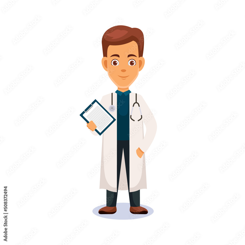 cartoon guy. Friendly handsome man in doctor uniform, holding a paper or gesturing. Isolated on white. cartoon guy. Friendly handsome man in doctor uniform, holding a paper or gesturing. Isolated on white.