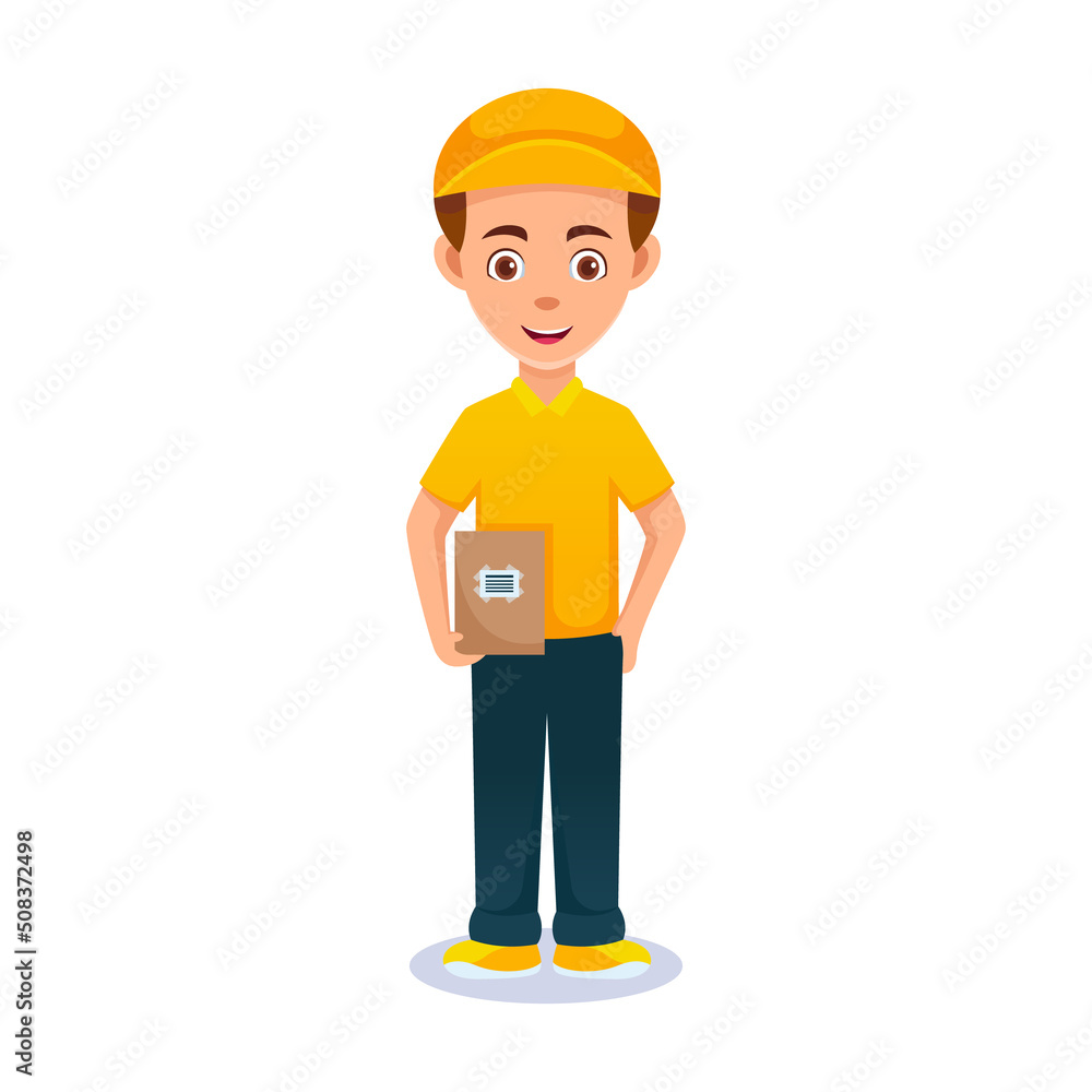 cartoon guy with hat. Friendly handsome man in casual uniform, holding a box or gesturing. Isolated on white. cartoon guy with hat. Friendly handsome man in casual uniform, holding a box or gesturing. Isolated on white.