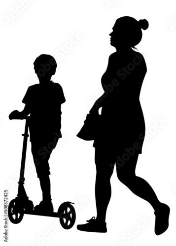 Families with little child and scooter on white background